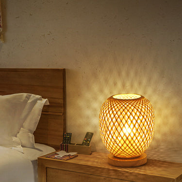 Lampe De Table Contemporaine En Forme De Lanterne En Bois Et Bambou Tissé À 1 Lumière Pour Chambre À Coucher-Lampe Veilleuse